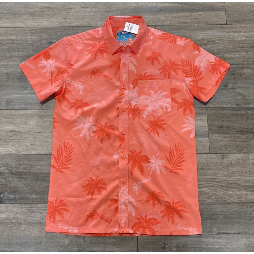 Retro Rifle Vice City Palm Tree Mens S Button-Up Shirt Orange Cream Short Sleeve